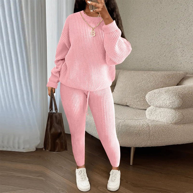 Winter ribbed knit women's trouser set featuring a loose pullover sweater and drawstring pants by Plush Fashion Hub.