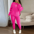 Winter ribbed knit women's trouser set featuring a loose sweater top and drawstring pants by Plush Fashion Hub.