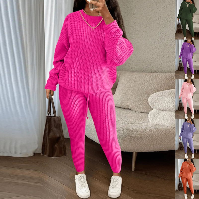 Women’s winter ribbed knit loose pullover sweater and drawstring pants set by Plush Fashion Hub, featuring cozy, casual winter clothing.