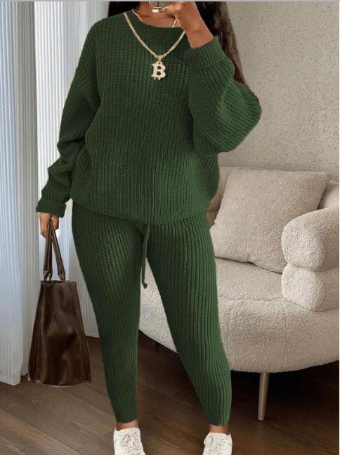 Winter ribbed knit women's trouser set featuring a loose pullover sweater and drawstring pants by Plush Fashion Hub.