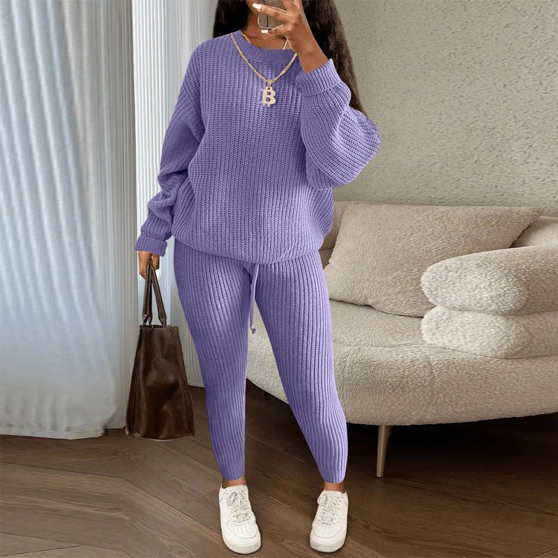 Winter ribbed knit women's trouser set featuring a loose pullover sweater top and drawstring pants from Plush Fashion Hub.