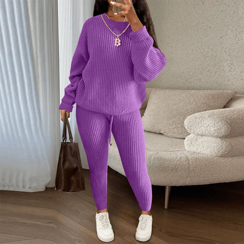 Winter ribbed knit women's trouser set featuring a loose pullover sweater and drawstring pants by Plush Fashion Hub.