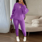 Winter ribbed knit women's trouser set featuring a loose pullover sweater and drawstring pants by Plush Fashion Hub.
