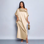 Yellow satin maxi dress for women by Bella Mia, perfect for early autumn, featuring a sleek, elegant satin fabric and flowing design.