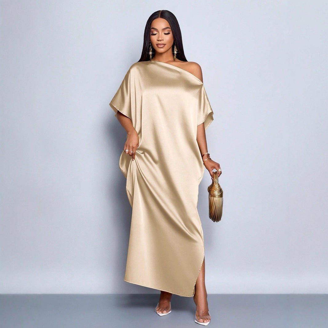 Yellow satin maxi dress for women by Bella Mia, perfect for early autumn, featuring a sleek, elegant satin fabric and flowing design.