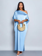 Yellow satin maxi dress for women by Bella Mia, perfect for early autumn, featuring a stylish and elegant satin design.