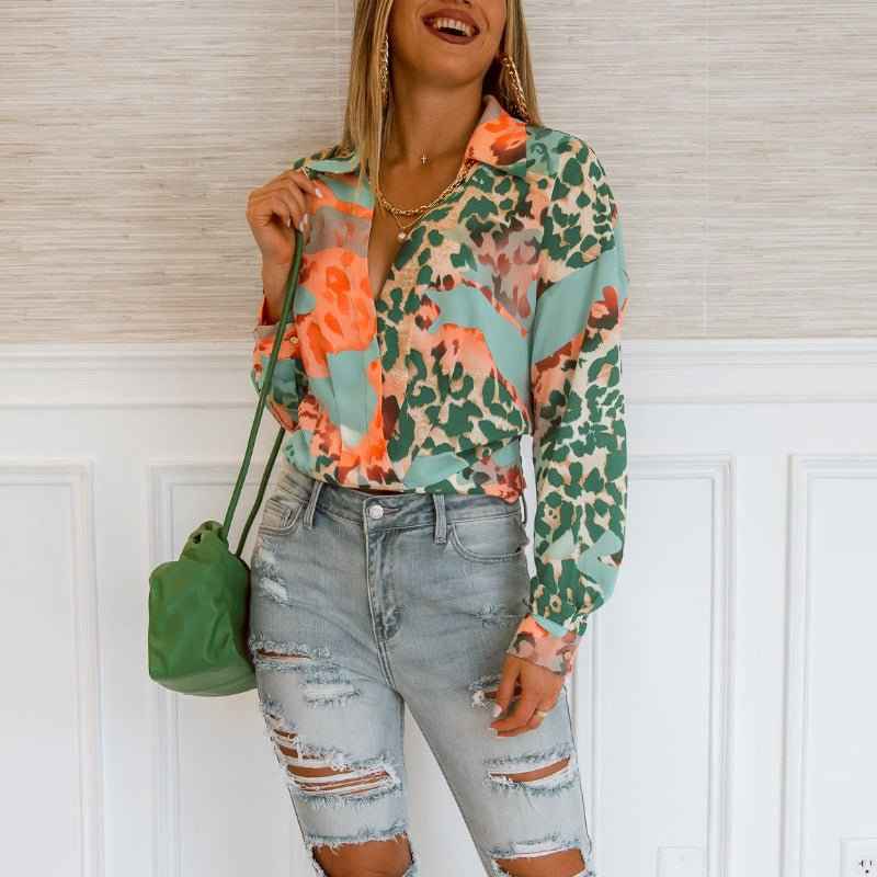 Women’s printed long sleeve figure shirt for autumn and winter, stylish women’s clothing by Plush Fashion Hub.