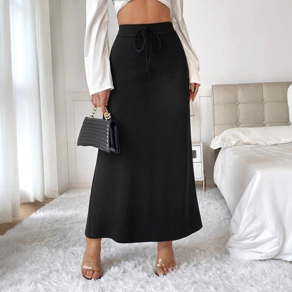 Elegant women’s satin skirt by Bella Mia featuring high waist, lace-up front, and a long, flowy design for spring and autumn.
