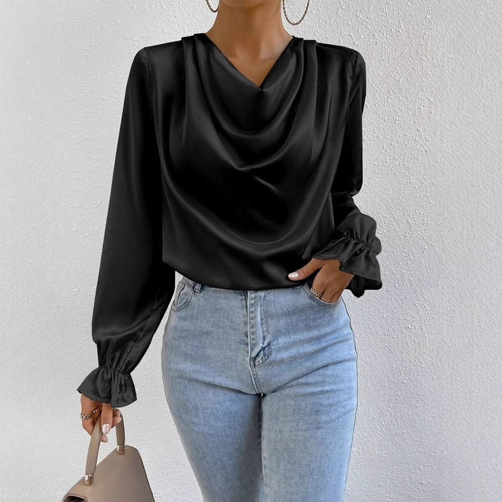 Women wearing Bella Mia ruffled sleeve satin shirt with long sleeves, perfect for autumn fashion.