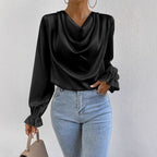 Women wearing Bella Mia ruffled sleeve satin shirt with long sleeves, perfect for autumn fashion.