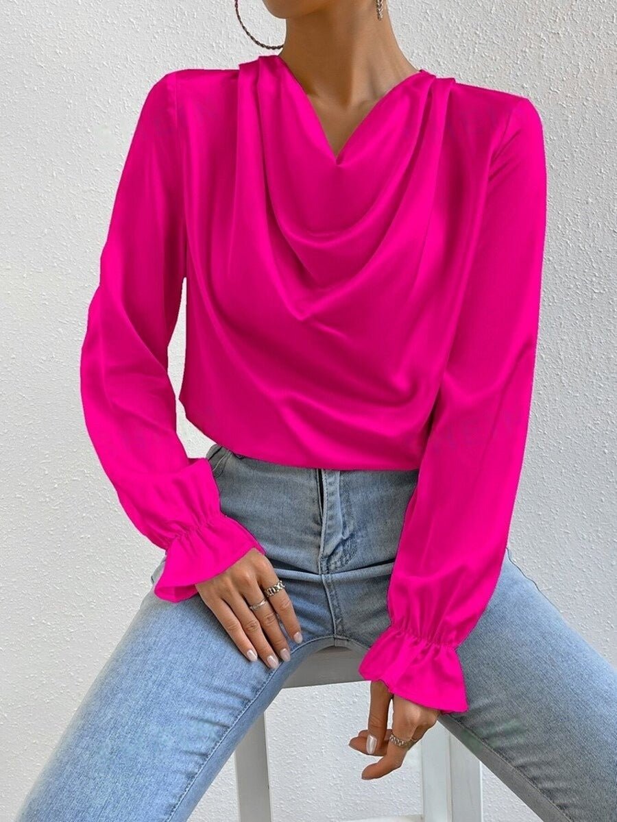 Women’s satin shirt with ruffled sleeves by Bella Mia, long sleeve autumn fashion top for stylish fall wear.