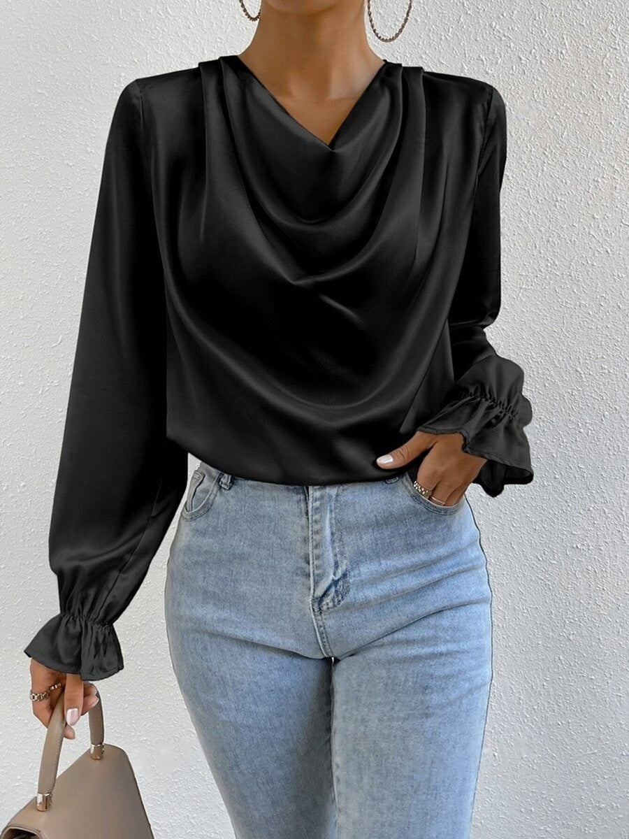 Women’s satin shirt with ruffled sleeves from Bella Mia, long sleeve autumn fashion top, stylish and elegant for fall wear.