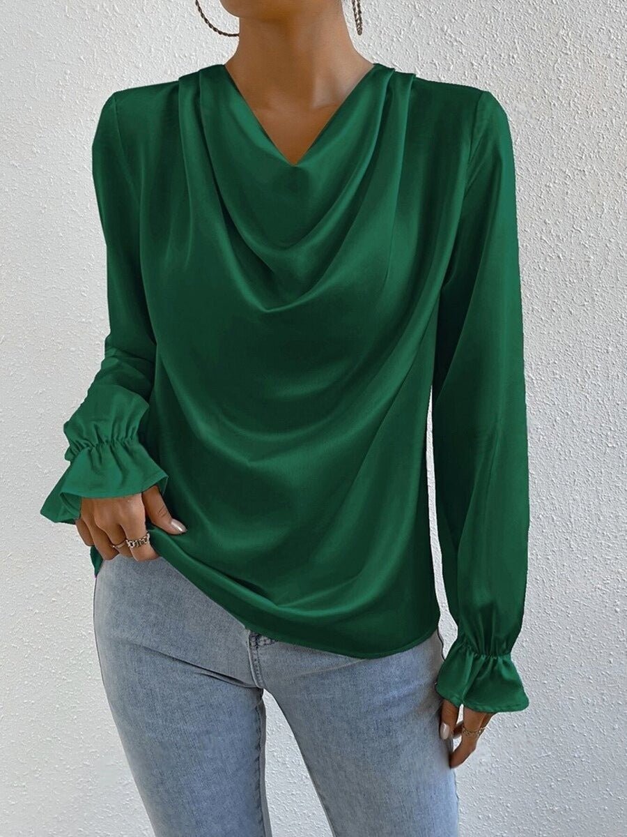 Women wearing Bella Mia ruffled sleeve satin shirt with long sleeves, perfect for autumn fashion and stylish occasions.