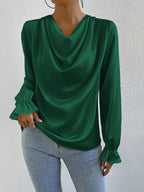 Women wearing Bella Mia ruffled sleeve satin shirt with long sleeves, perfect for autumn fashion and stylish occasions.