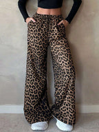 Women Clothing Satin Casual Pants Fall High Waist Leopard Print Loose Straight Satin Wide Leg Pants - Plush Fashion Hub