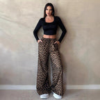 Women Clothing Satin Casual Pants Fall High Waist Leopard Print Loose Straight Satin Wide Leg Pants - Plush Fashion Hub