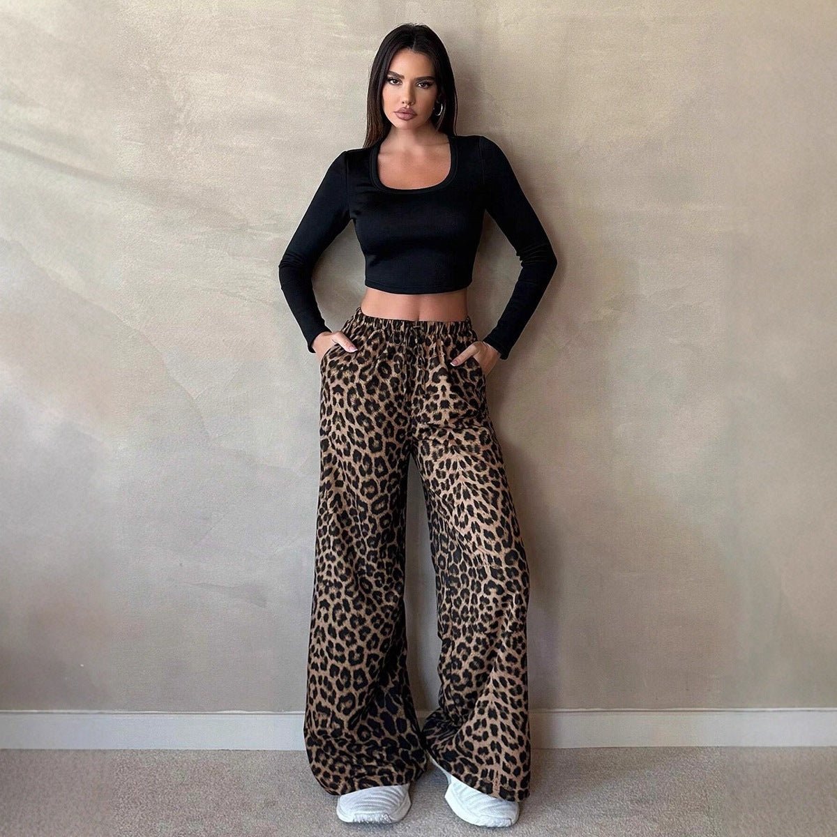 Women Clothing Satin Casual Pants Fall High Waist Leopard Print Loose Straight Satin Wide Leg Pants - Plush Fashion Hub