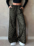 Women Clothing Satin Casual Pants Fall High Waist Leopard Print Loose Straight Satin Wide Leg Pants - Plush Fashion Hub