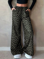 Women Clothing Satin Casual Pants Fall High Waist Leopard Print Loose Straight Satin Wide Leg Pants - Plush Fashion Hub