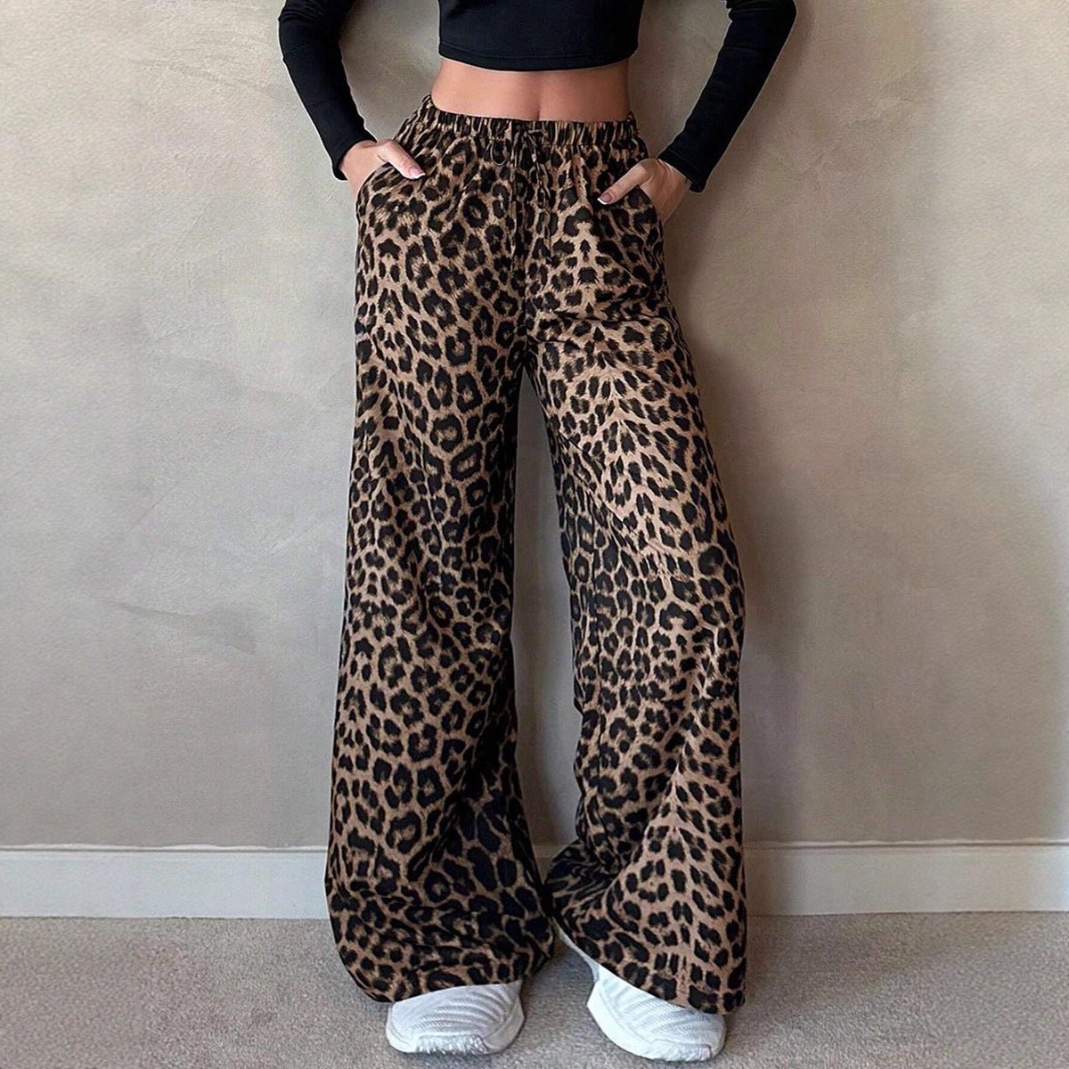 Women Clothing Satin Casual Pants Fall High Waist Leopard Print Loose Straight Satin Wide Leg Pants - Plush Fashion Hub