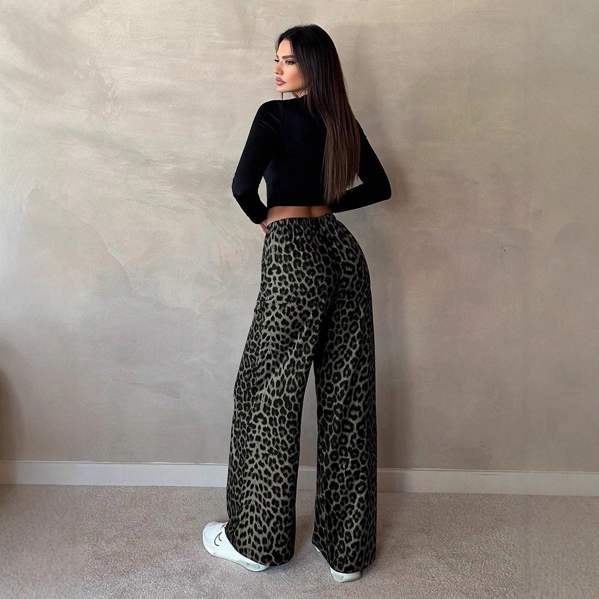Women Clothing Satin Casual Pants Fall High Waist Leopard Print Loose Straight Satin Wide Leg Pants - Plush Fashion Hub
