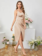 Women’s sleeveless satin dress by Bella Mia featuring a stylish split design, perfect for summer occasions.