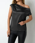 Women’s satin off-shoulder sleeveless top by Bella Mia, featuring an asymmetric design in artificial silk for spring and summer wear.