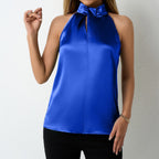 Women’s satin vest by Bella Mia, V-neck casual spaghetti strap camisole top for spring and summer wear.