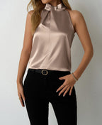 Women’s satin vest from Bella Mia, V-neck casual spaghetti strap camisole top for spring and summer wear.