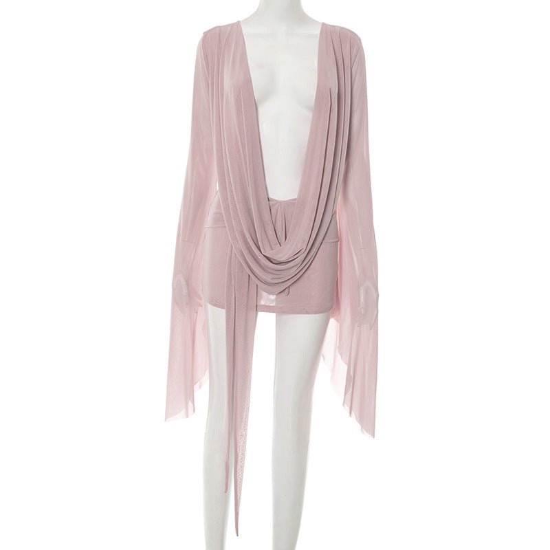 Bella Mia women's summer backless dress with mesh fabric, swing collar, long sleeves, wide hem, perfect for warm weather.