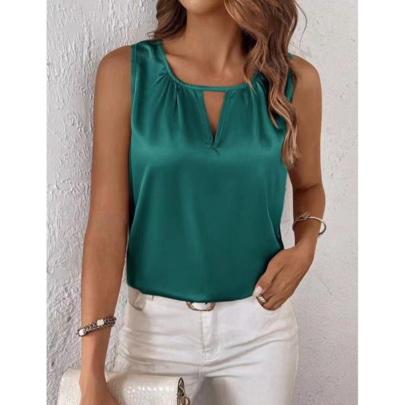 Women’s summer satin pleated vest with hollow out cutout design, sleeveless top by Bella Mia, stylish and lightweight.