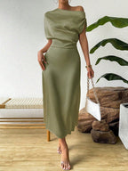 Bella Mia women's summer satin dress and jumpsuit, featuring a sleek, long, fitted design perfect for trendy warm-weather wear.