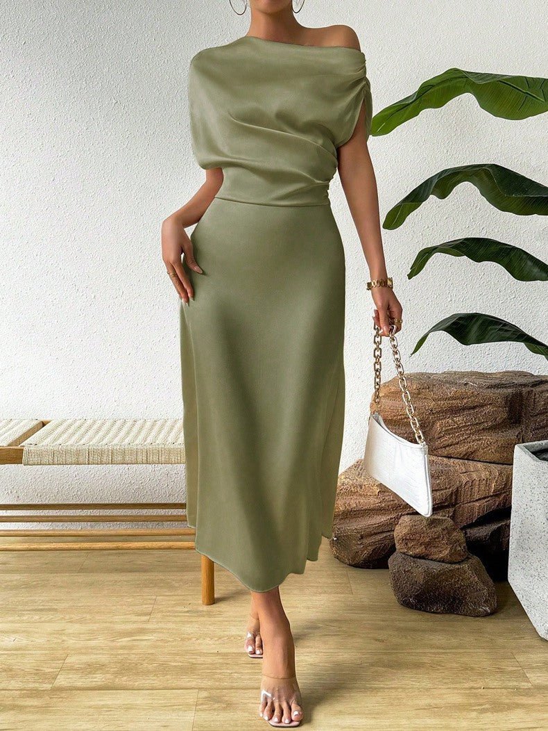 Bella Mia women's summer satin dress and jumpsuit, featuring a sleek, long, fitted design perfect for trendy warm-weather wear.