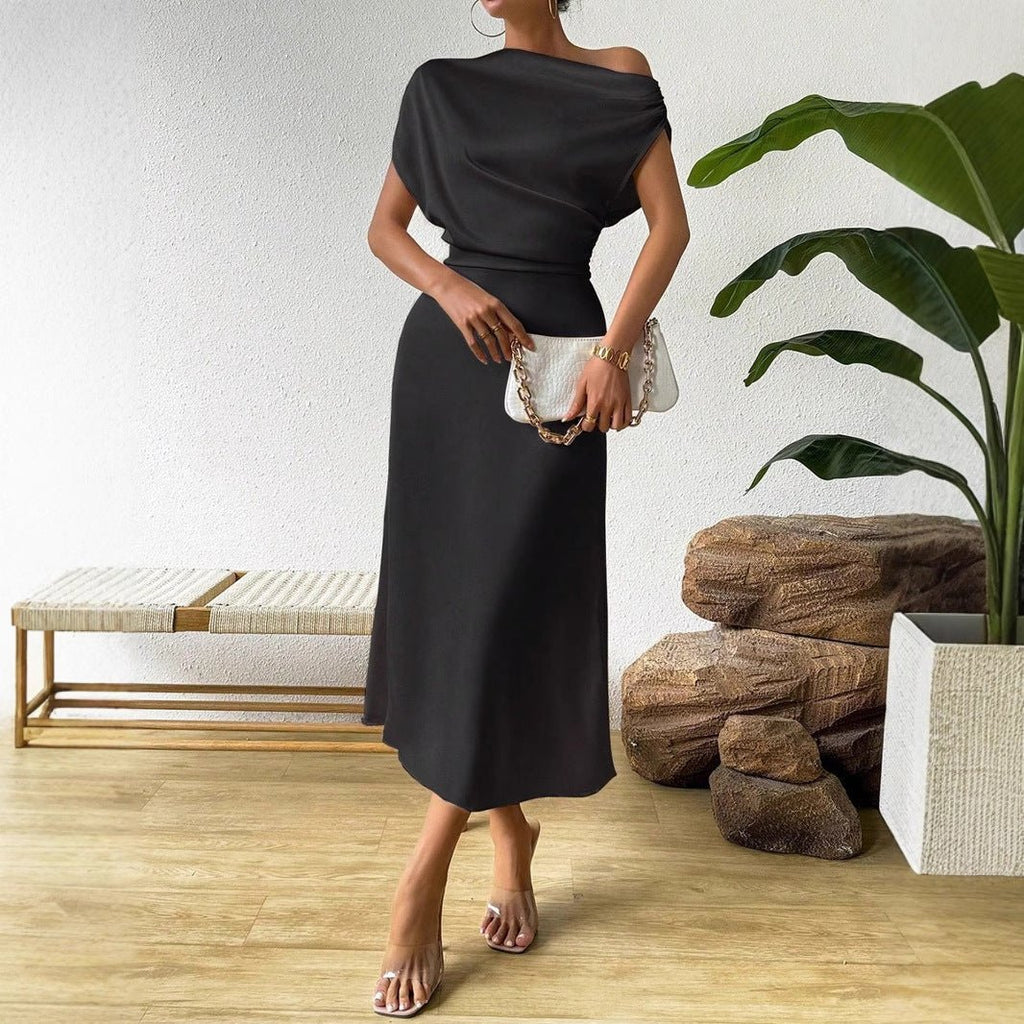 Elegant women’s summer satin dress by Bella Mia featuring a fitted, long design perfect for warm weather occasions.