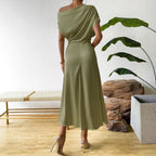 Bella Mia women's trendy summer satin dress and tight jumpsuit, long and stylish for warm weather.