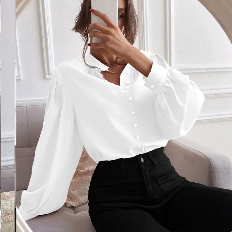Women’s autumn elegant solid color collared long sleeve shirt with single row buttons, loose fit, by Bella Mia.