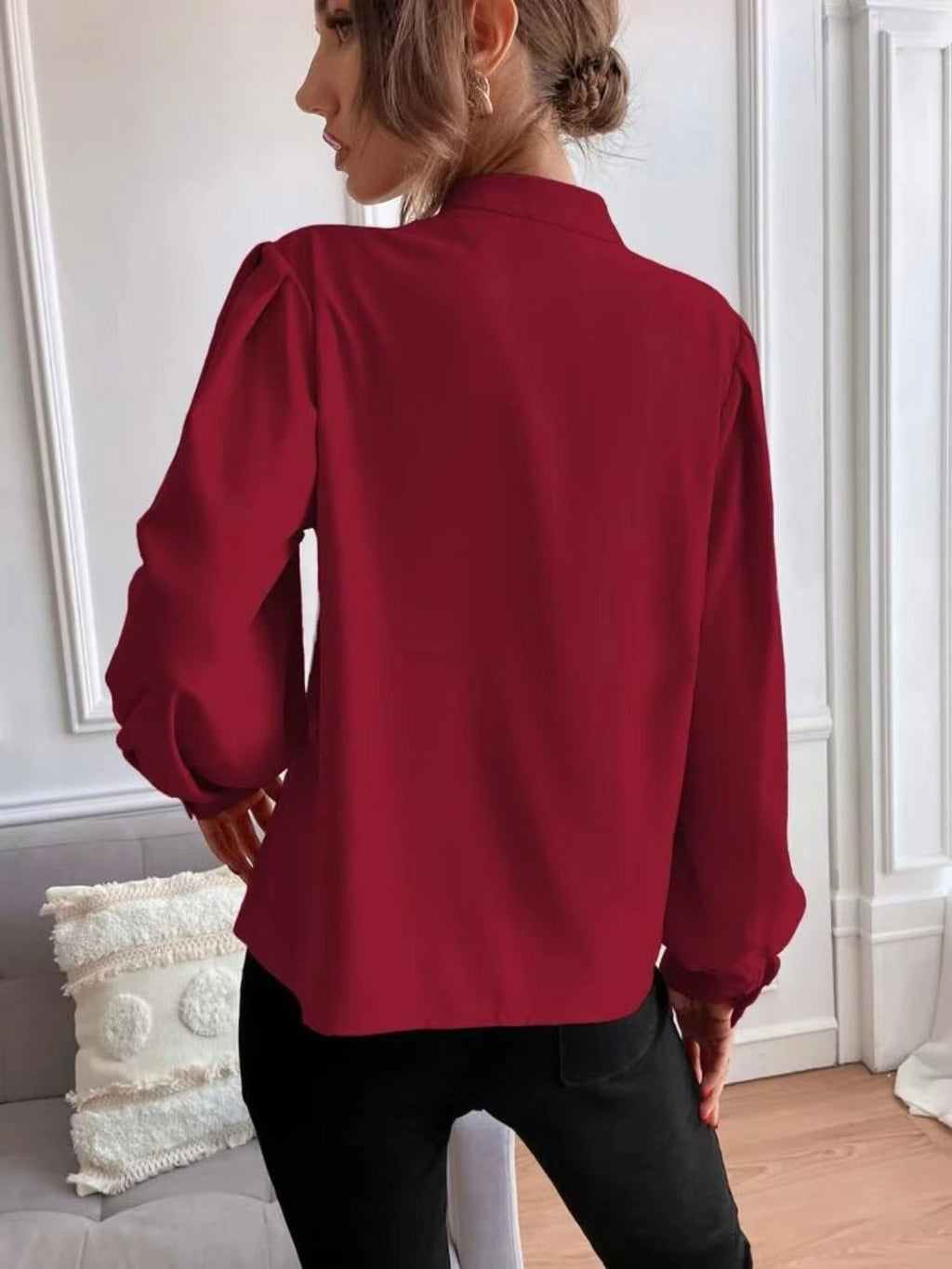 Elegant women’s long sleeve autumn shirt by Bella Mia with solid color, collared design, single row buttons, and a loose fit.