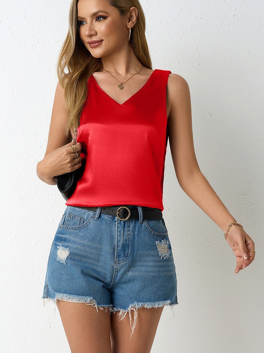 Women’s satin vest by Bella Mia, V-neck sleeveless camisole shirt perfect for spring and summer casual wear.