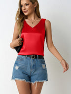 Women’s satin vest by Bella Mia, V-neck sleeveless camisole shirt perfect for spring and summer casual wear.