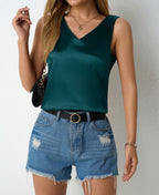 Women’s satin vest by Bella Mia featuring a V-neck, sleeveless camisole design for spring and summer casual wear.