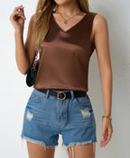 Women’s Bella Mia satin vest with V-neck, sleeveless casual camisole for spring and summer, lightweight and stylish.