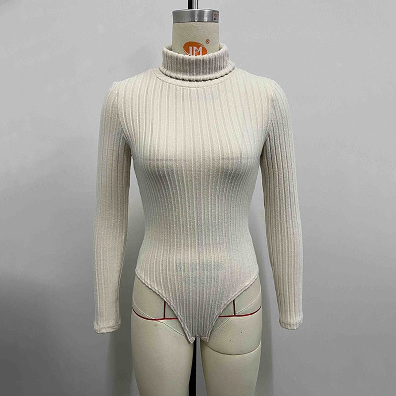 Women wearing Bella Mia knitted long sleeve turtleneck slim fit jumpsuit, showcasing the fitted bodysuit design and cozy knit fabric.