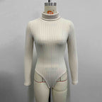 Women wearing Bella Mia knitted long sleeve turtleneck slim fit jumpsuit, showcasing the fitted bodysuit design and cozy knit fabric.