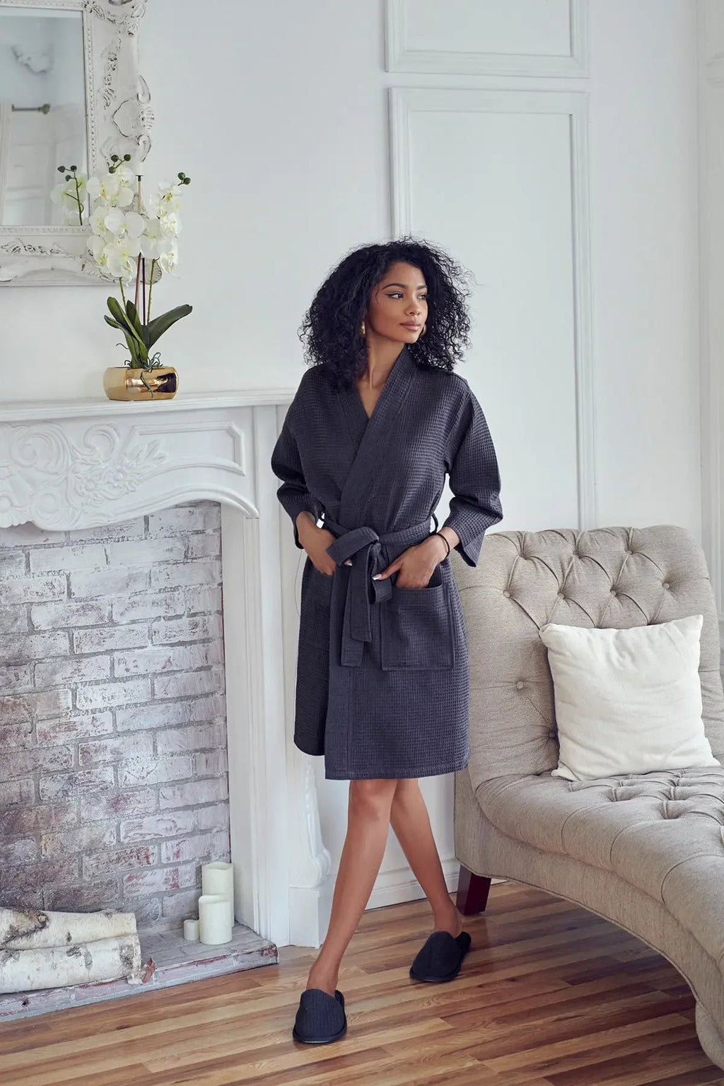 Knee-length waffle robe for women by Plush Fashion Hub, featuring soft fabric and a cozy, comfortable fit for relaxing at home.