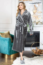 Women’s ultra-soft plush bathrobe from Plush Fashion Hub, shown open with front pockets and cozy collar, perfect for lounging.