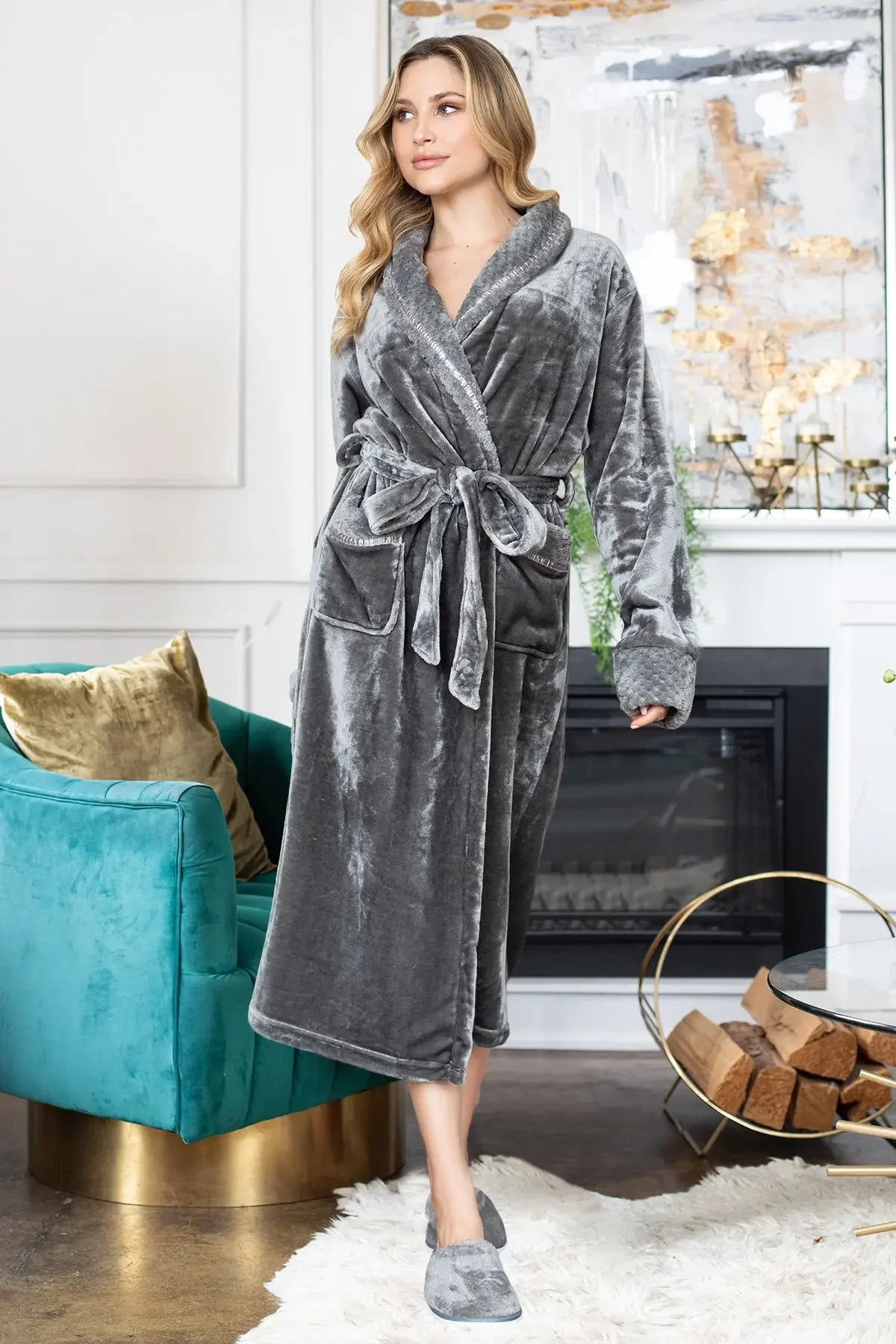 Women’s ultra-soft plush bathrobe from Plush Fashion Hub, shown open with front pockets and cozy collar, perfect for lounging.