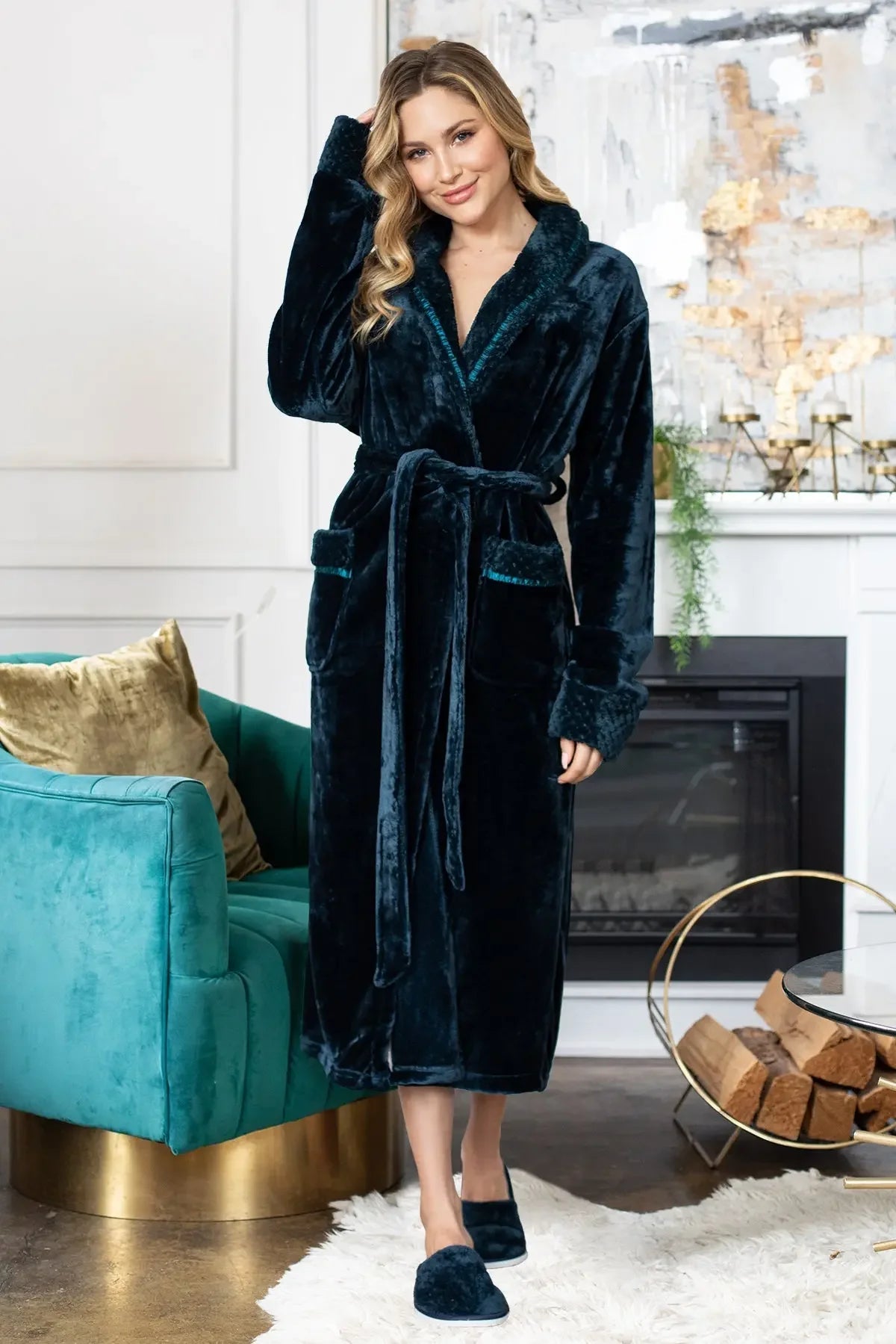 Women’s ultra-soft plush bathrobe by Plush Fashion Hub, shown in a cozy, relaxed fit with a hood and belt.