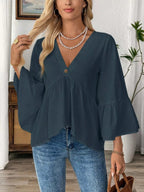 Women's 100% cotton V-neck bell sleeve blouse with a relaxed fit, casual chic style, featuring flowy bell sleeves.
