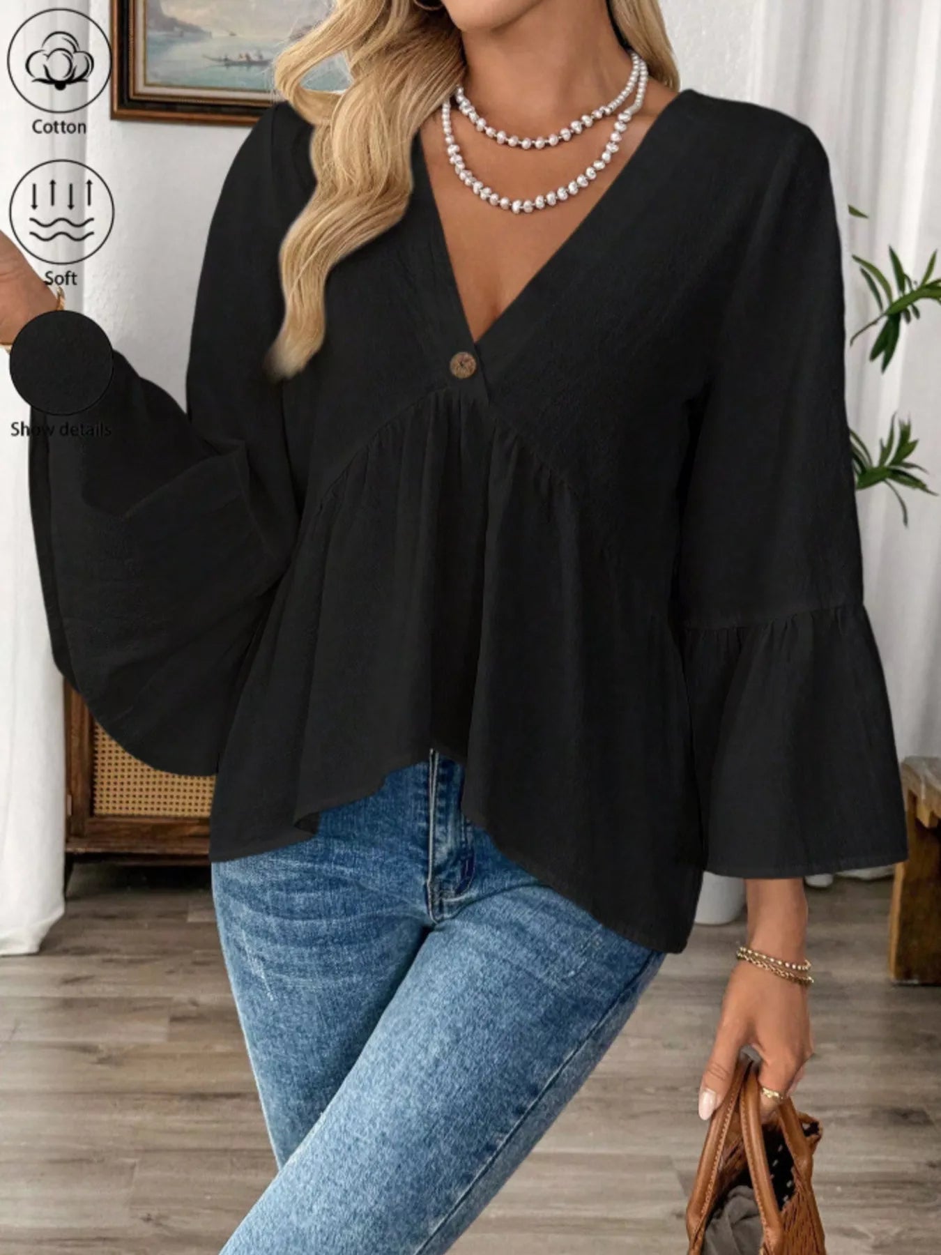 Women's 100% cotton V-neck bell sleeve blouse with chic style, featuring a relaxed fit and stylish bell sleeves.