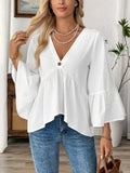 Women's 100% cotton V-neck bell sleeve blouse with a chic, effortless style, featuring flowy bell sleeves and a relaxed fit.